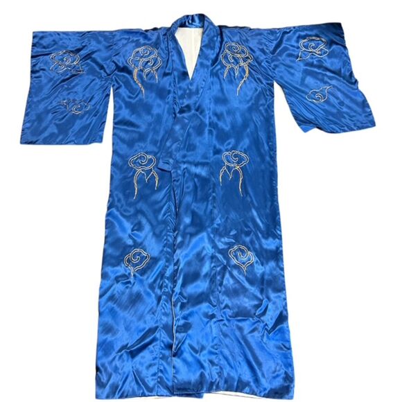 Antique 20s-30s Asian Royal Blue Silk Satin Embroidered Golden Dragon Robe - Picture 4 of 15